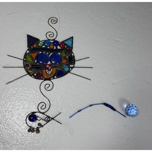Vintage Metal Glass Bead Cat with Whiskers Suncatcher, Stained Glass Style Decor